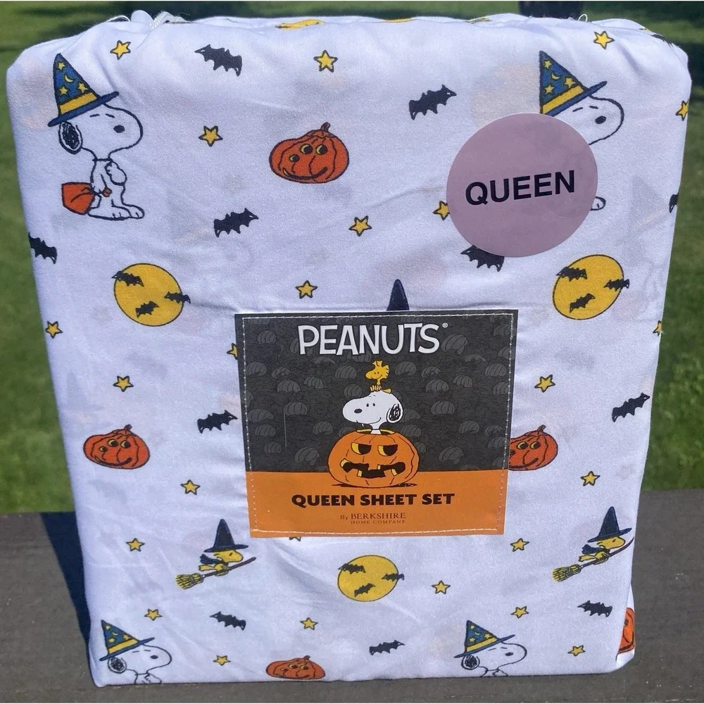 Berkshire Peanuts Halloween Queen Sheet Set Witch Hat Woodstock Pumpkins New!